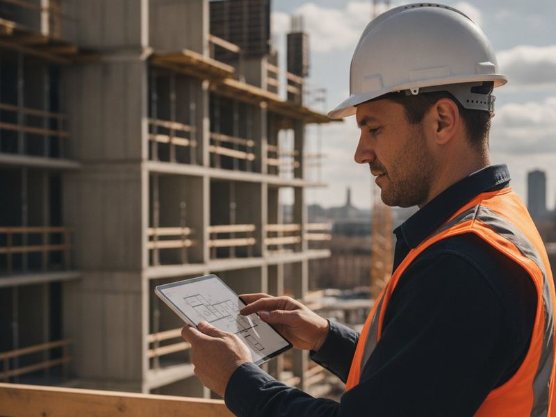 A site superintendent reviewing progress on a tablet in front of a building frame