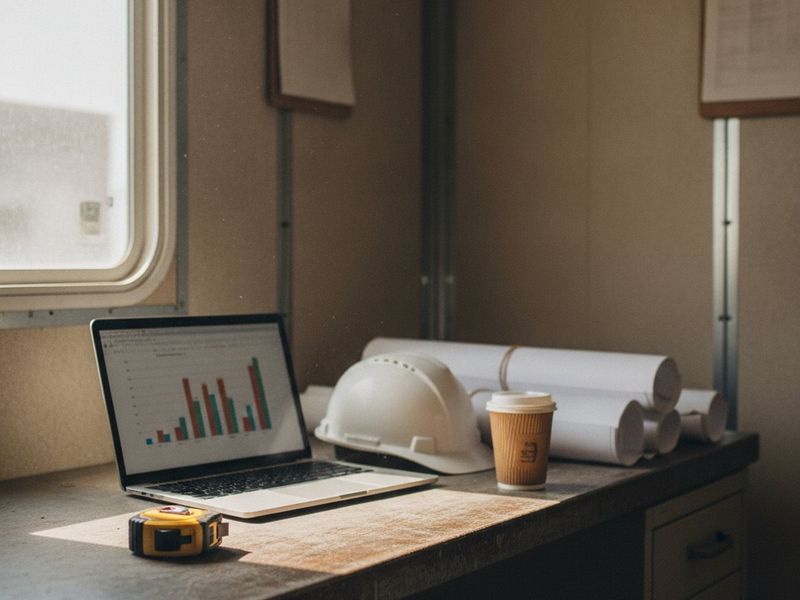 A job-site office with rolled plans, a laptop and a hard hat