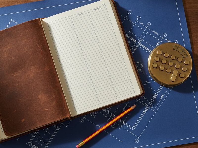 A set of blueprints laid beside an open ledger and calculator