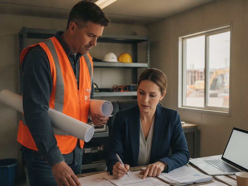 A contractor and an accountant reviewing figures inside a site trailer
