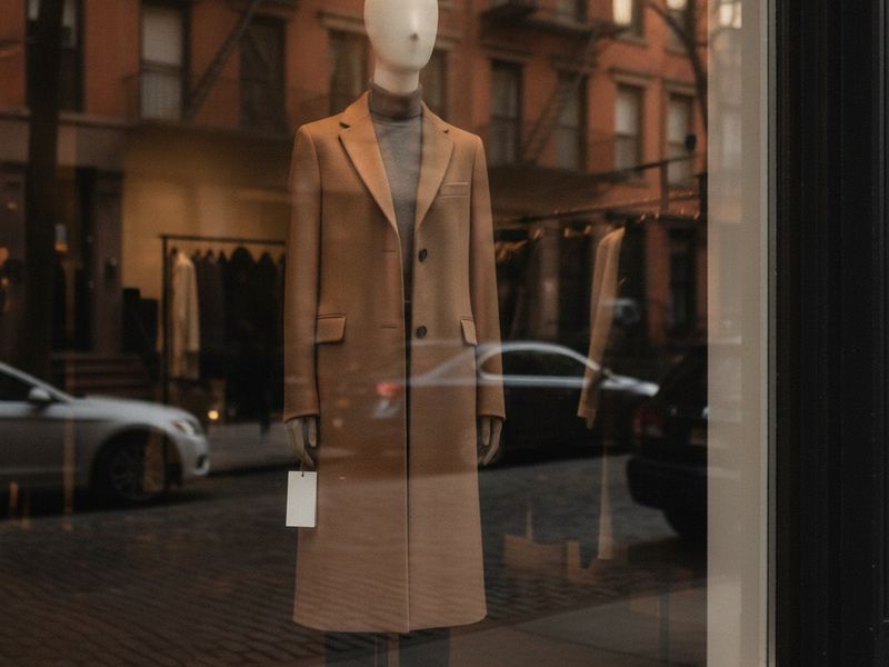 A storefront window in a New York neighborhood with a price tag hanging on a garment