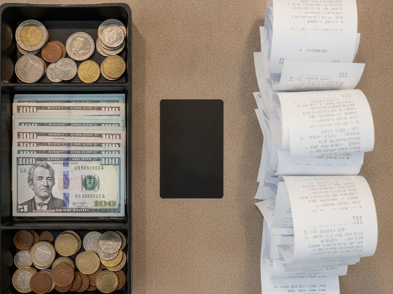 A tray of cash and coins beside a stack of card receipts on a shop counter