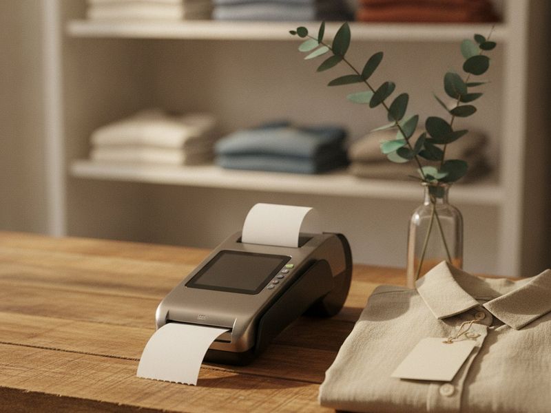 A boutique register counter with a card reader, receipt roll and a folded garment
