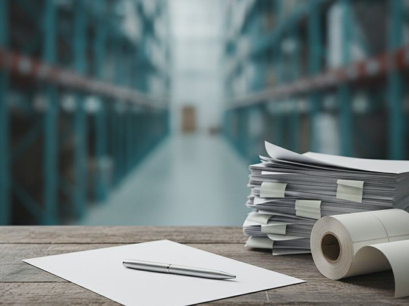 A single invoice beside a stack of warehouse scan sheets and shipping labels