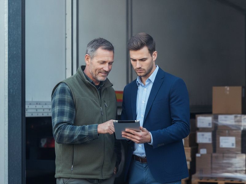 A warehouse owner and an accountant reviewing figures beside a loading dock