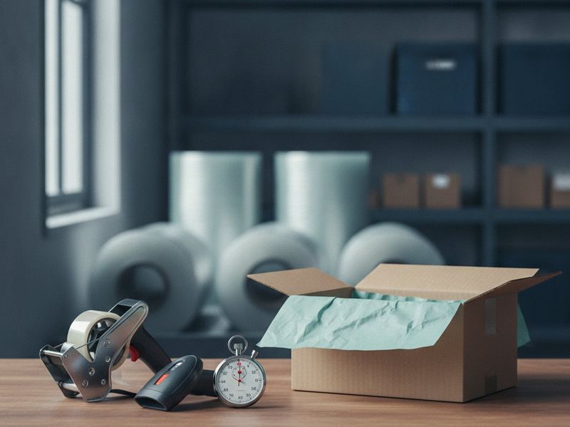 A packing station with a cardboard box, tape gun, scanner and a small stopwatch