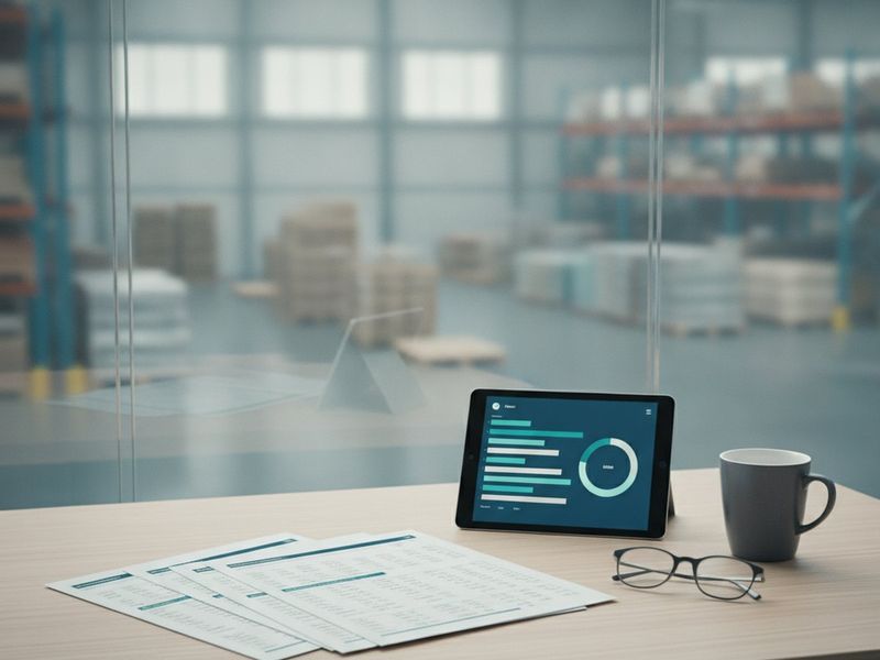 A warehouse office desk with a printed client statement and a tablet showing order counts