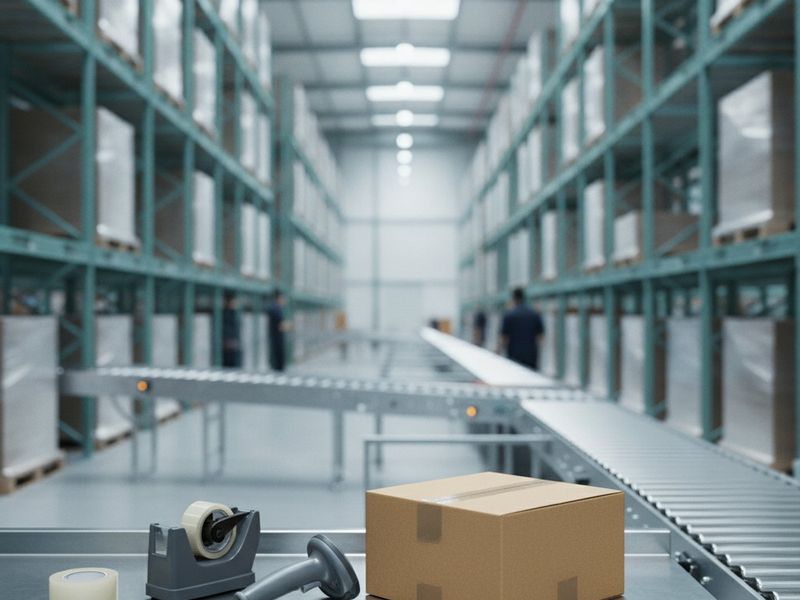 A fulfillment center aisle with racked pallets and a packing station in the foreground