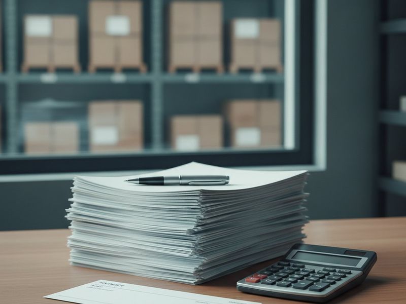A remittance advice beside a stack of invoices and a calculator on a warehouse office desk