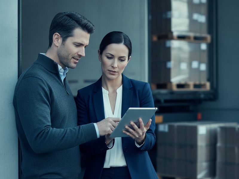 A distributor and an accountant reviewing figures on a tablet beside a loading dock