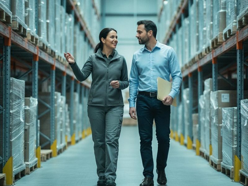 A warehouse owner and an accountant walking past racked inventory in conversation