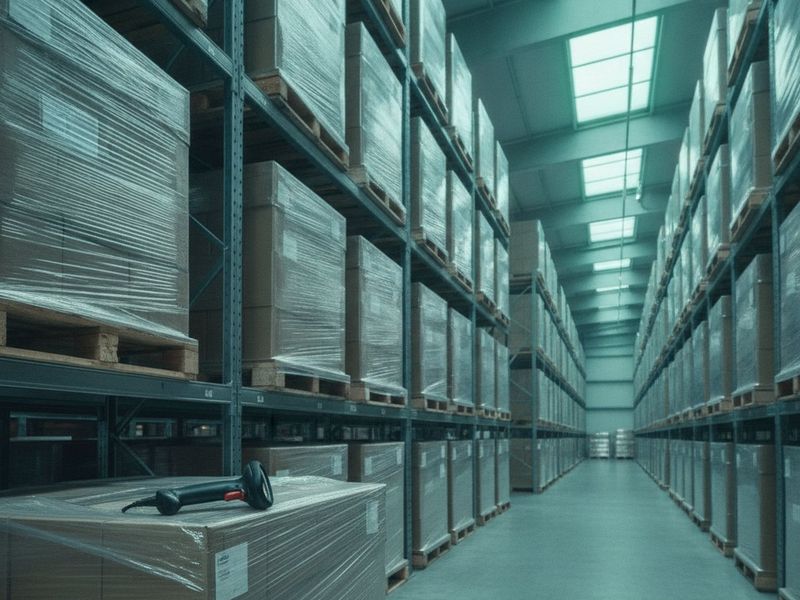 Stretch-wrapped pallets stacked in racking with a handheld scanner resting on the nearest one