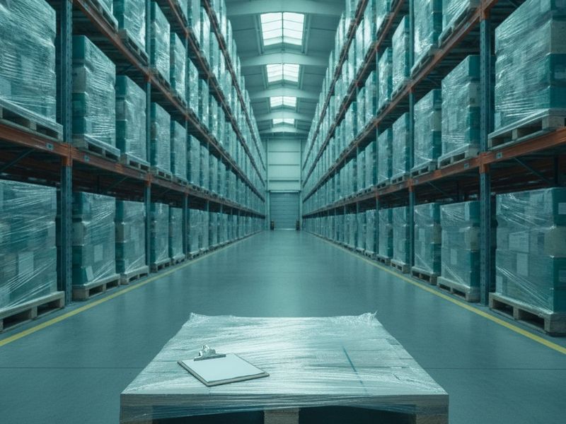 A distribution warehouse aisle with wrapped pallets and a clipboard on a pallet in the foreground