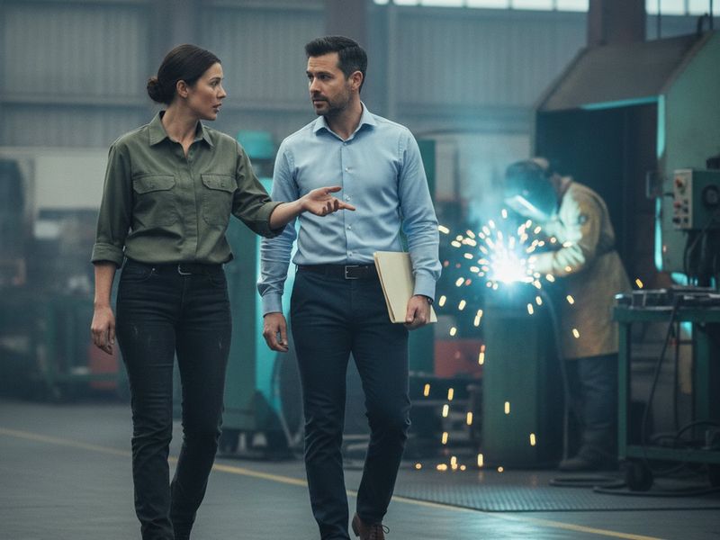 A manufacturer and an accountant walking through a fabrication shop in conversation
