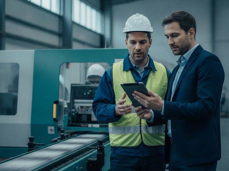 A plant manager and an accountant reviewing figures on a tablet beside a production line