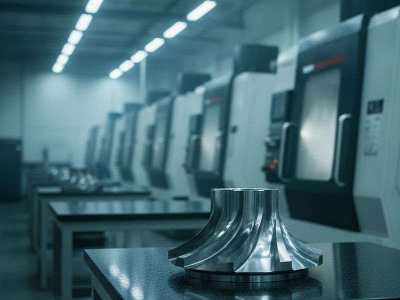 A machine shop floor with a CNC machine and a finished metal part on an inspection table in the foreground