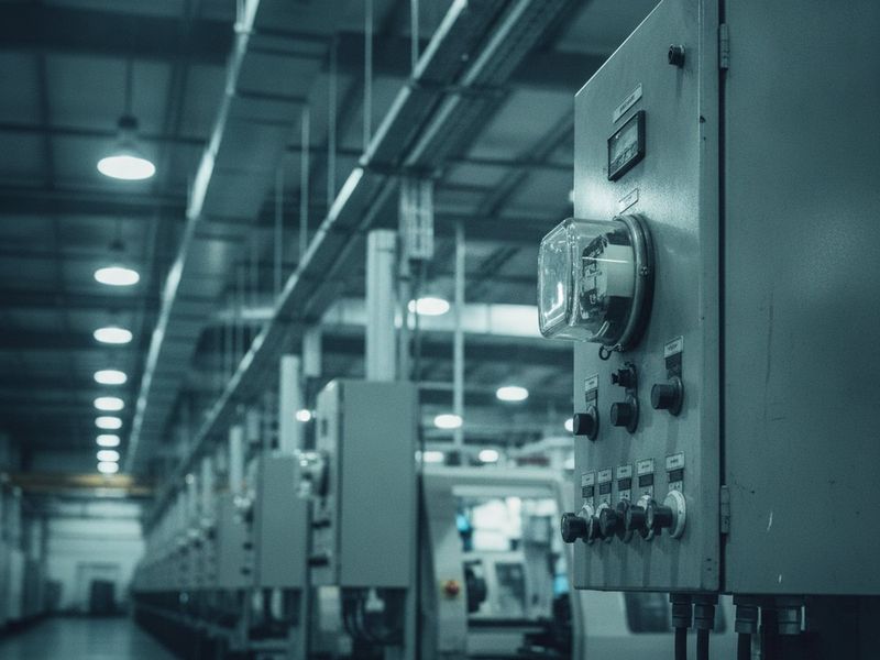 An electrical panel and a row of machines under high-bay lights with a utility meter in the foreground