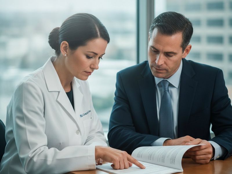 A physician and a practice administrator reviewing a compensation report at a conference table