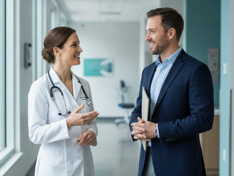 A doctor in a white coat and an accountant talking in a clinic hallway