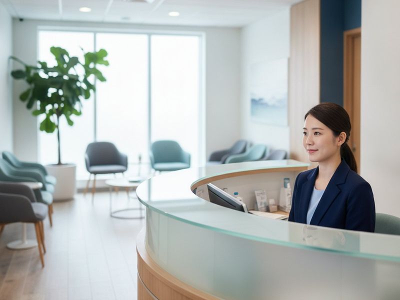 A modern medical practice front desk with a receptionist's station and a bright waiting area