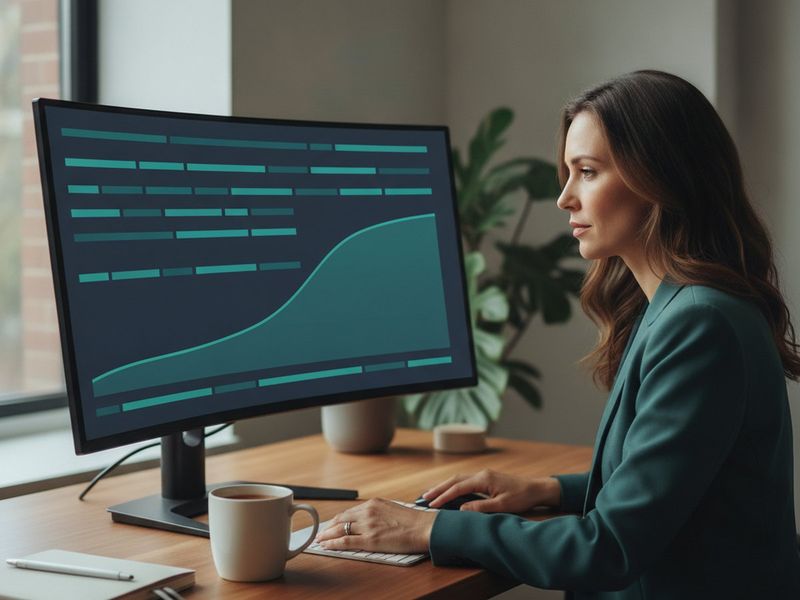 A practice manager reviewing a revenue dashboard on a monitor in a clinic office