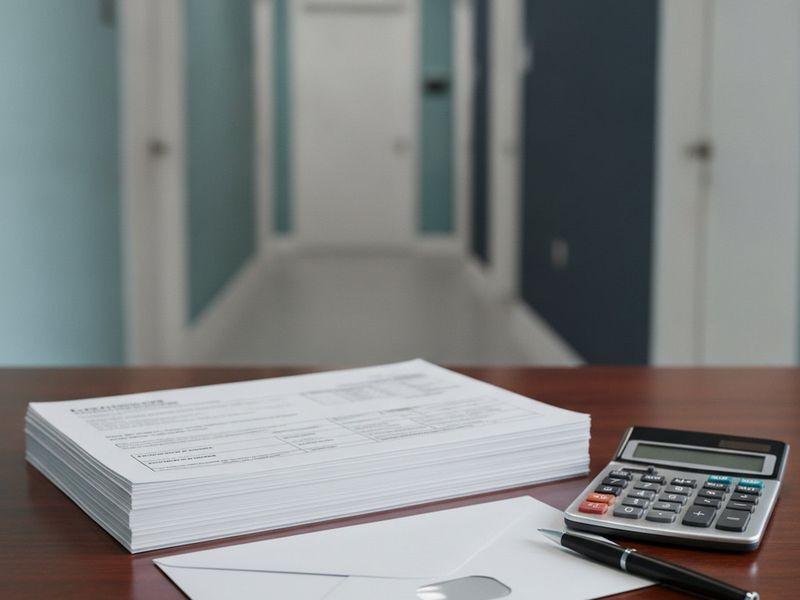A stack of explanation-of-benefits statements beside a calculator on a practice manager's desk