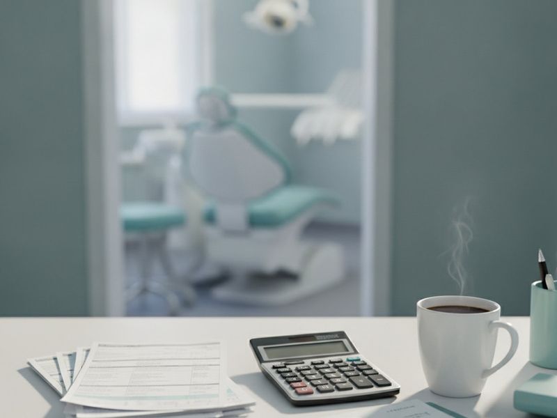 Insurance explanation-of-benefits statements beside a calculator on a dental office manager's desk