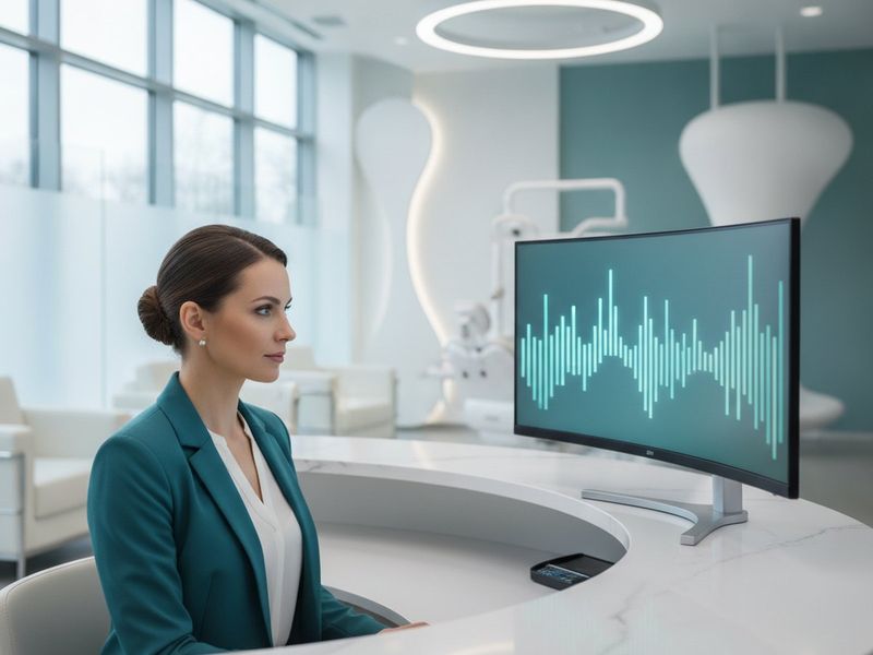 An office manager reviewing a production and collections report on a monitor at the front desk