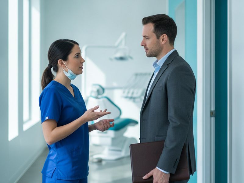 A dentist in scrubs and an accountant talking in a bright dental office hallway