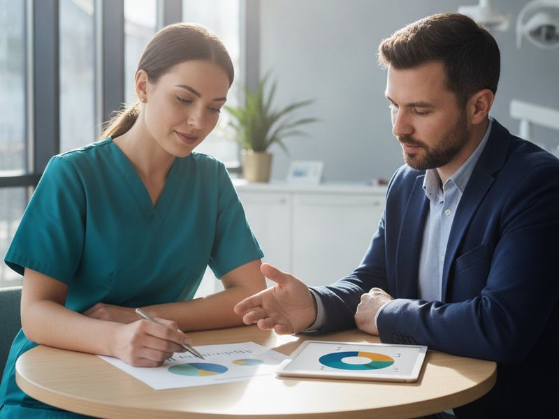 A dentist and an accountant reviewing an overhead breakdown chart at a conference table