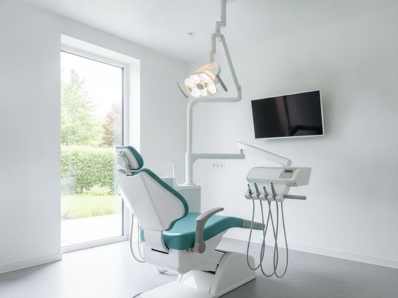 A modern dental operatory with a reclined treatment chair, overhead light and delivery unit