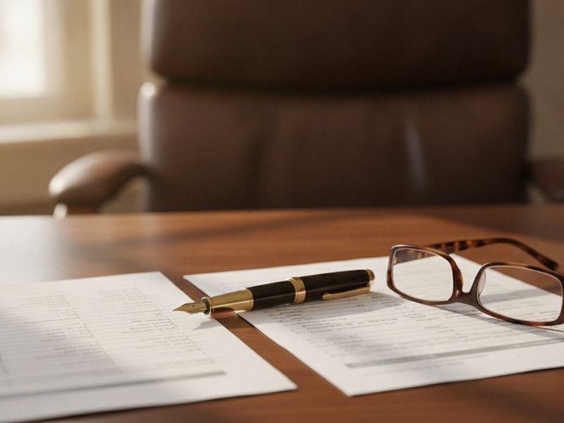 A trust account ledger and bank statement side by side on a law office desk with a fountain pen