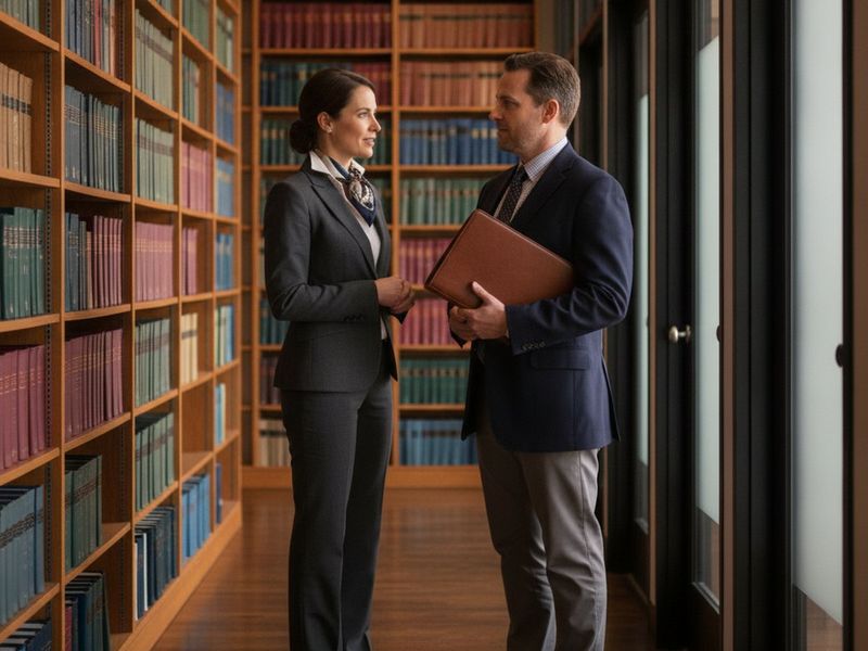 An attorney in a suit and an accountant talking in a law office hallway lined with law books