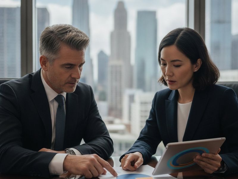 Two law partners reviewing an overhead breakdown chart at a conference table with a city view