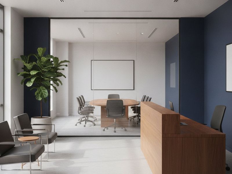 A modern law office reception with a wood front desk, leather chairs and a bright conference room behind glass