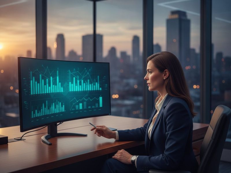 A managing partner reviewing a billing and collections dashboard on a monitor in a corner office