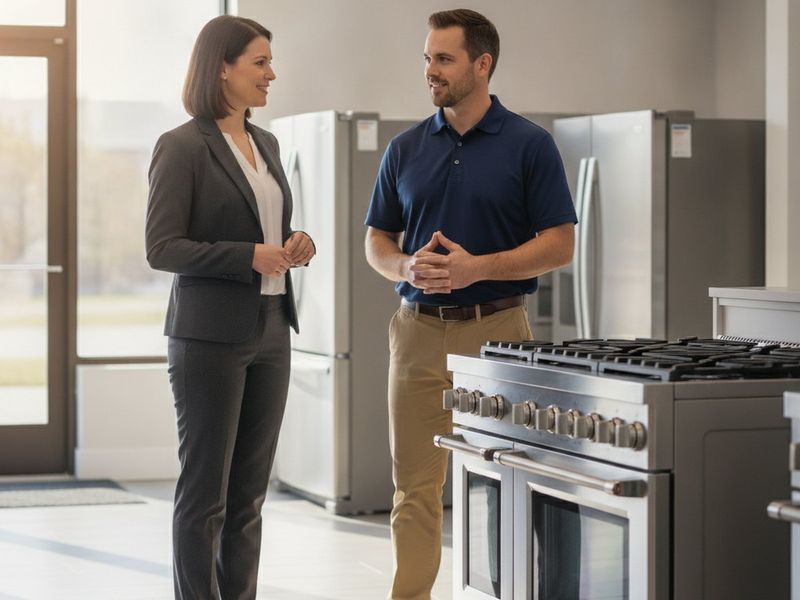 An appliance store owner and an accountant talking beside a display range in a showroom