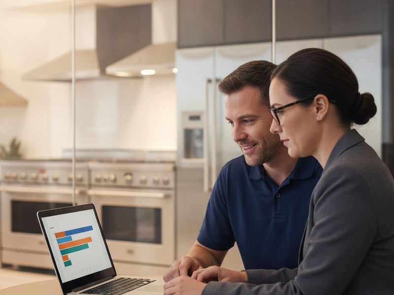 A dealer and an accountant reviewing a margin-by-category report on a laptop in a showroom office
