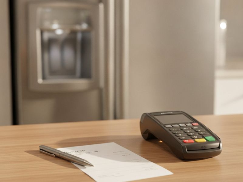 A sales ticket for a refrigerator with delivery, installation and protection plan lines beside a card reader on a showroom counter