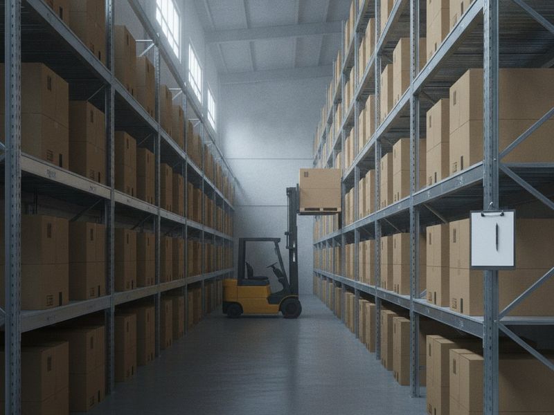 A warehouse aisle of boxed appliances on pallets with serial-number labels being scanned