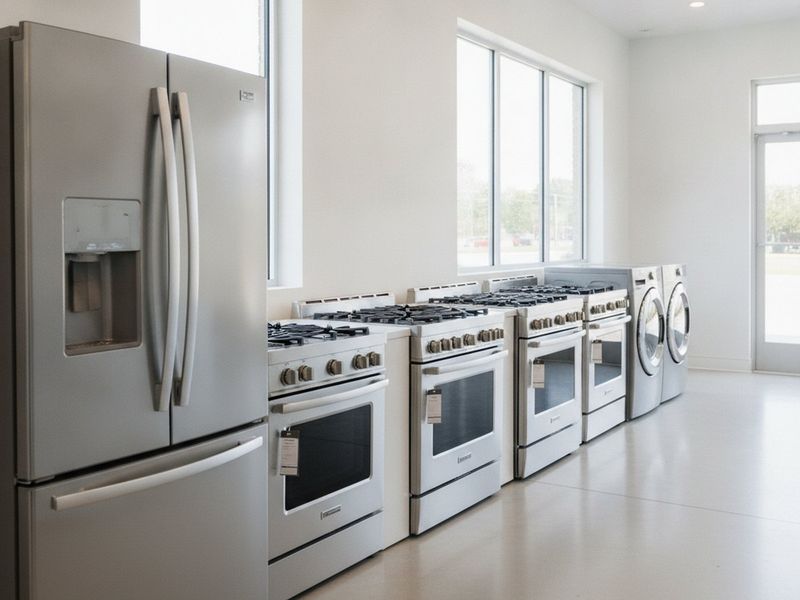 A bright appliance showroom with a row of stainless refrigerators, ranges and a washer-dryer pair under display lighting