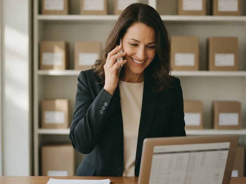A New York business owner on the phone at her shop counter reviewing her books