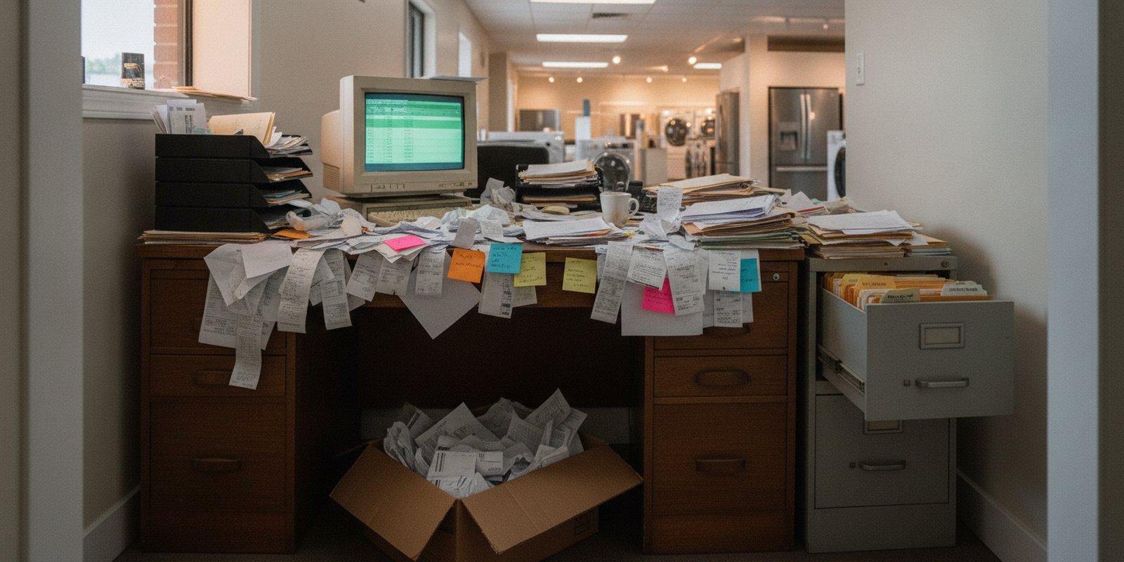 A dealer back office before the rebuild: desk buried in receipts, slips and sticky notes