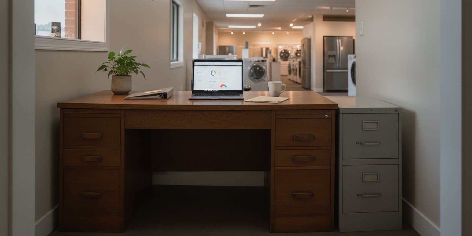 The same dealer back office after the rebuild: clear desk, one laptop, files closed