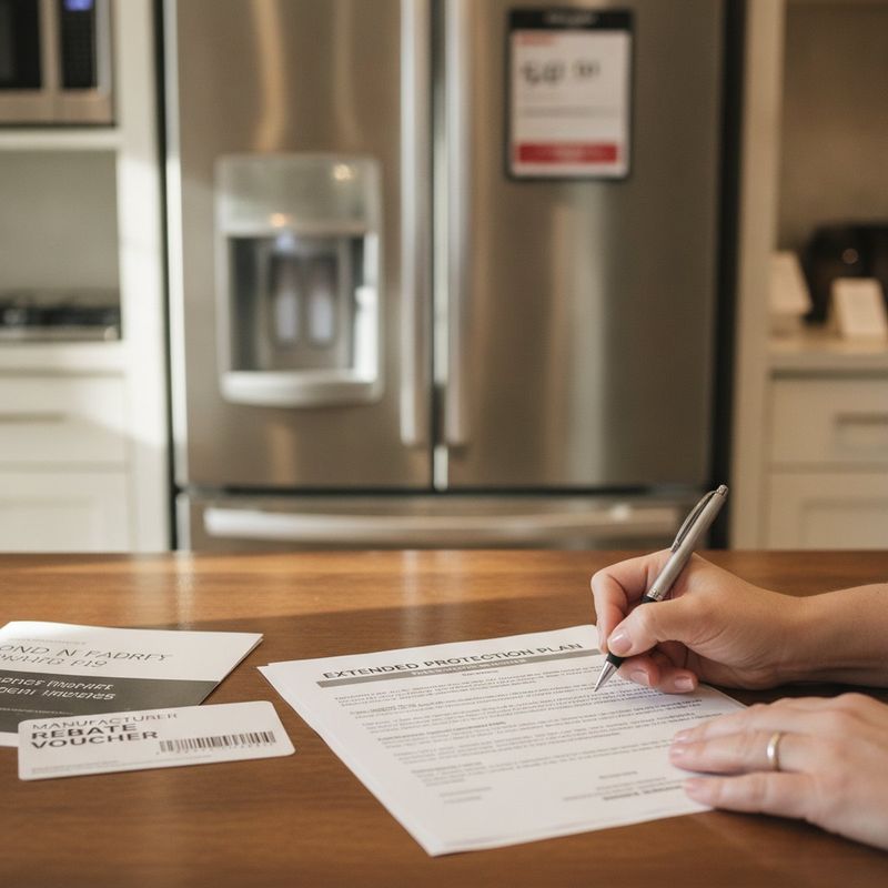 A customer signing protection-plan paperwork at an appliance showroom counter, rebate voucher beside it