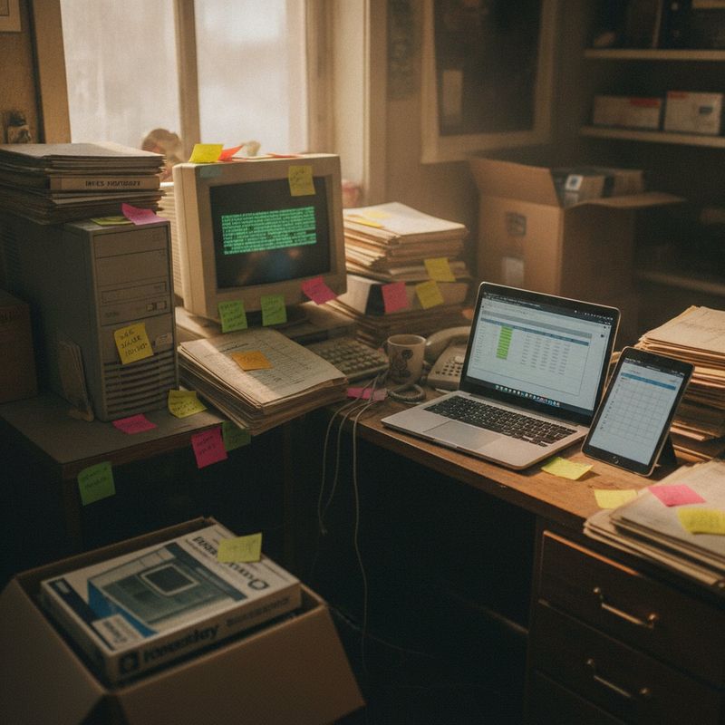 An old desktop PC buried in ledgers next to a modern laptop in a store back office