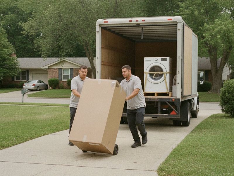 Delivery crew wheeling a boxed appliance from a box truck to a customer's home