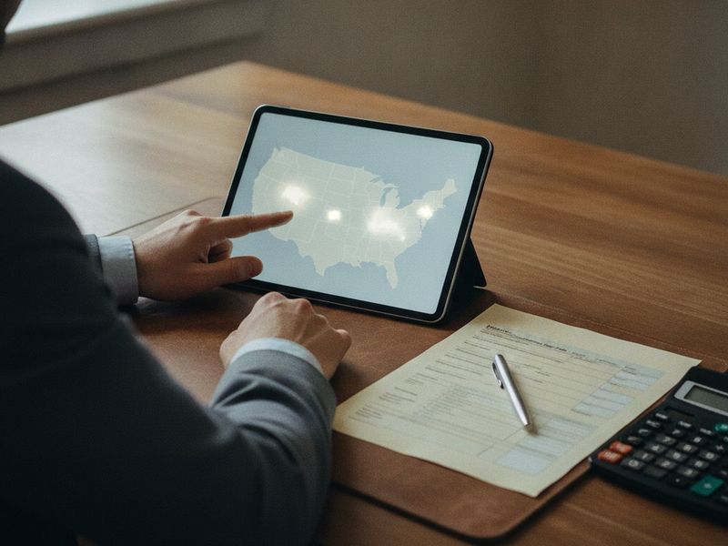 An accountant reviewing a US map on a tablet beside a sales-tax filing form