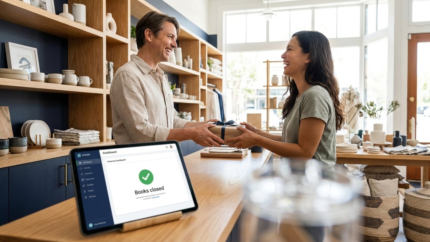 A shop owner handing a customer their purchase while a tablet on the counter shows the books are closed