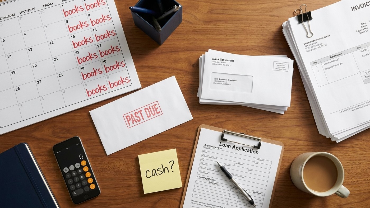 A cluttered desk showing the warning signs: weekends booked for bookkeeping, a past-due notice, unopened bank statements, unpaid invoices and a loan application